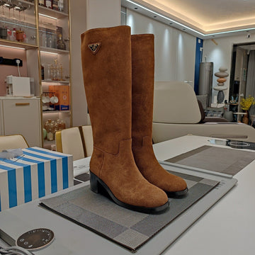 Knee Boots With Triangle Logo In Camel Suede