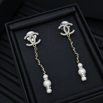 Double C Chain Detail Earrings In Gold Metal With Lambskin Tassel Pearl And Crystal Logo
