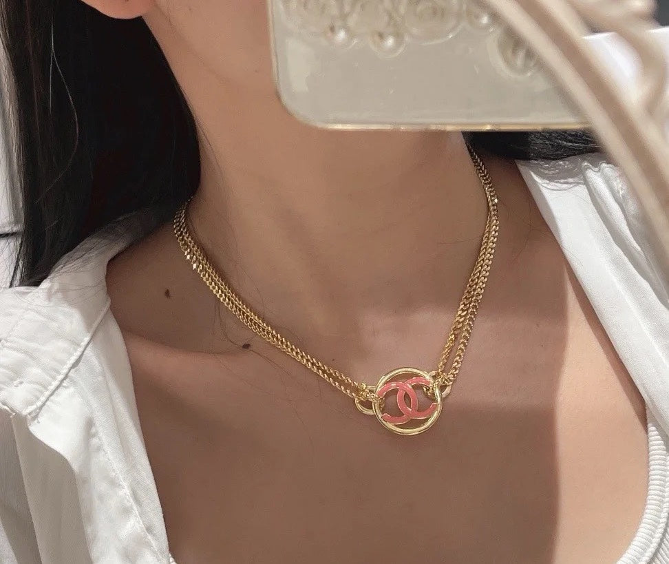Chain Choker In Gold-Plated Metal With Enamel Colors And Round Logo Pendant