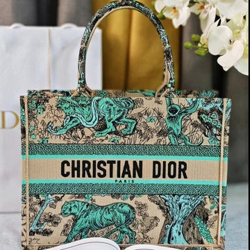 Medium Dioriviera Book Tote 36 Tiffany Blue Tiger Embroidery Canvas
