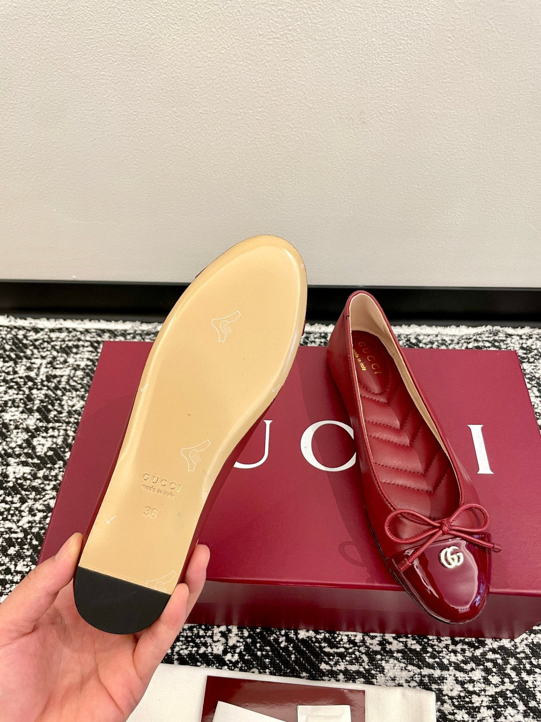 GG 2025 Marmont Ballet Flat Red Patent Leather And Sheepskin 555147