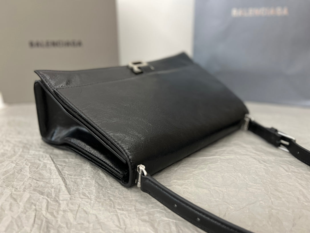 Crush Shoulder Bag 31 In Black Crushed Calfskin Leather Strap Silver Hardware