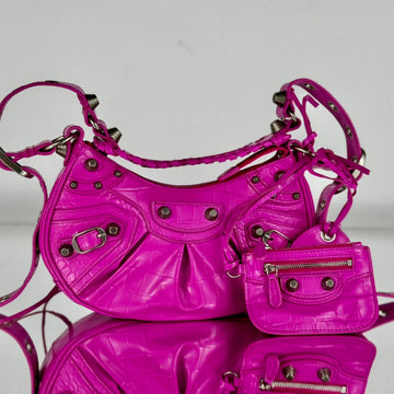 Le Cagole Small Shoulder Bag 26 With Rhinestones In Deep Pink Crocodile Embossed Calfskin