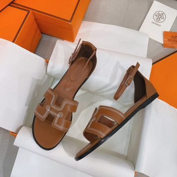 Santorini Sandal Brown Calfskin White Thread Embroidered
