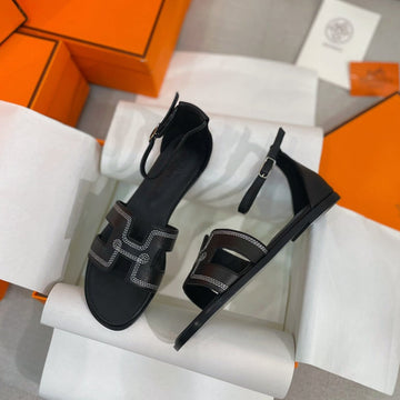 Santorini Sandal Black Calfskin White Thread Embroidered