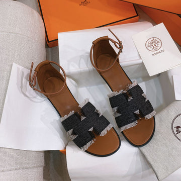 Santorini Sandal Black Denim Brown Calfskin