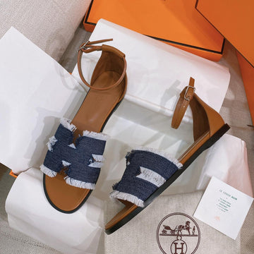Santorini Sandal Dark Blue Denim Brown Calfskin