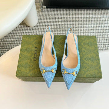 GG Horsebit Slingback Ballet Flat Sky Canvas