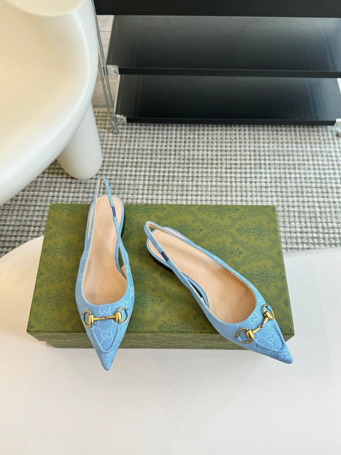 GG Horsebit Slingback Ballet Flat Sky Canvas