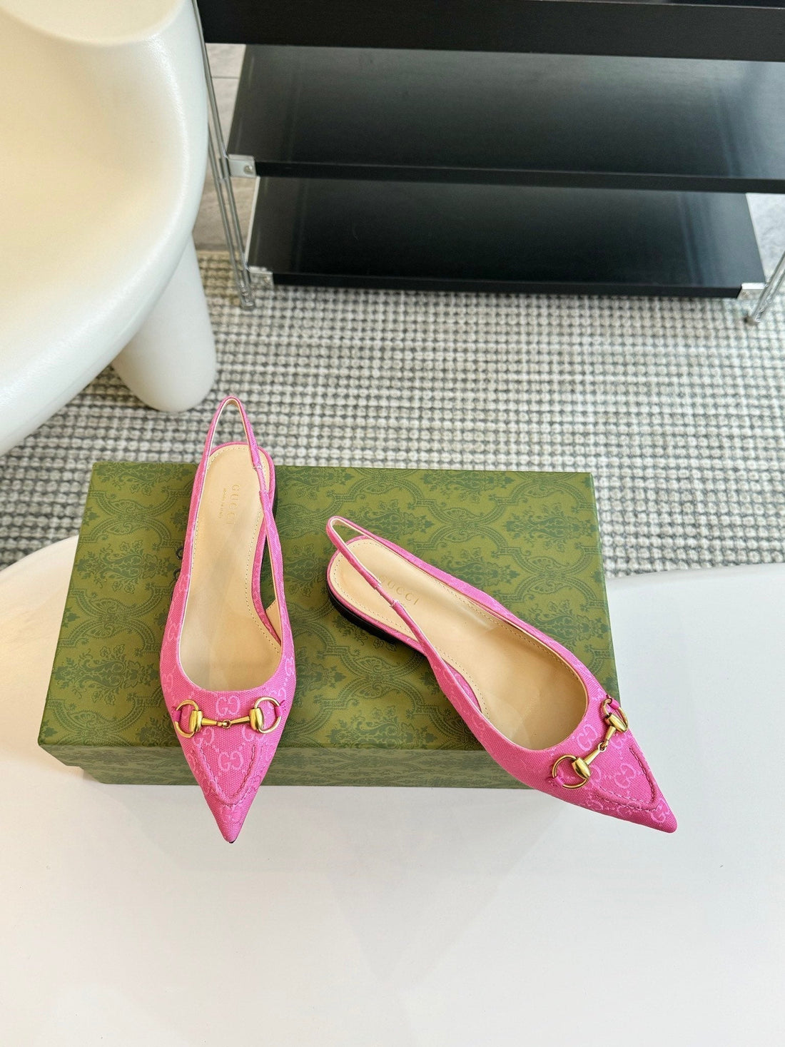 GG Horsebit Slingback Ballet Flat Pink Canvas