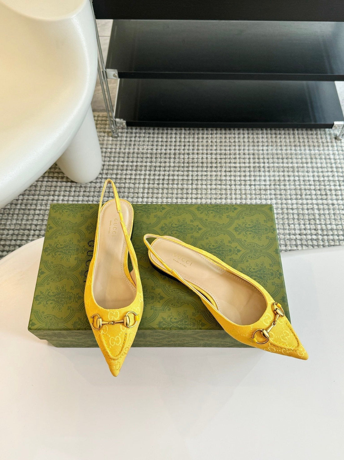 GG Horsebit Slingback Ballet Flat Lemon Canvas