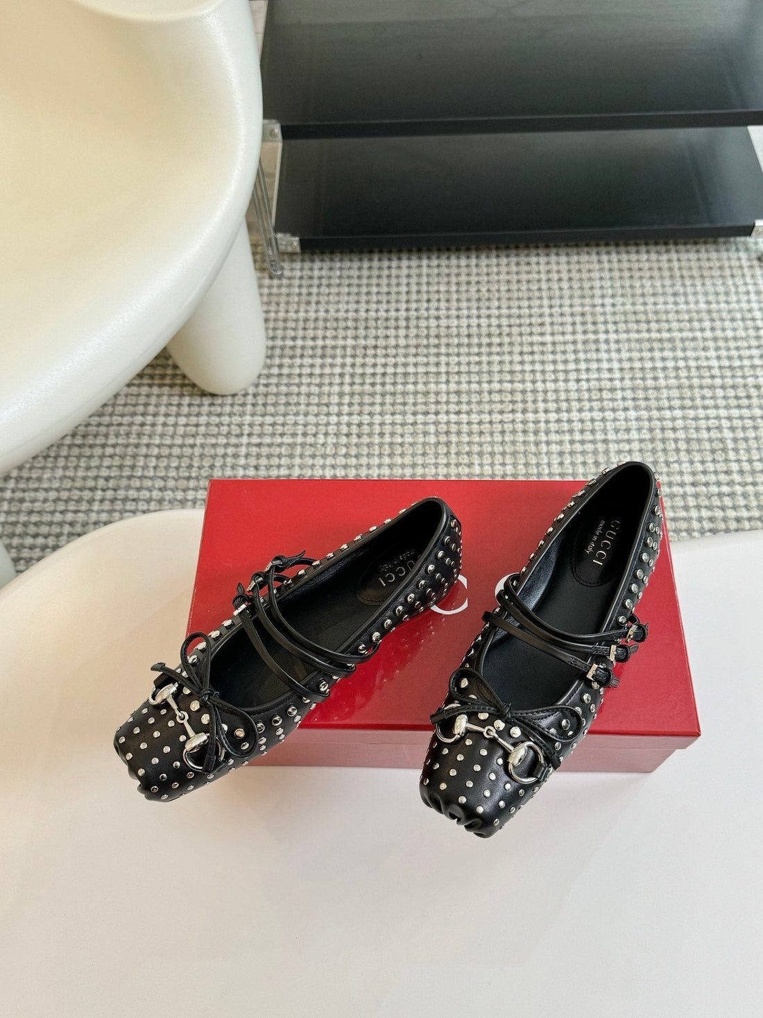 GG Rivets Ballet Flat Black Horizontal Straps Lambskin