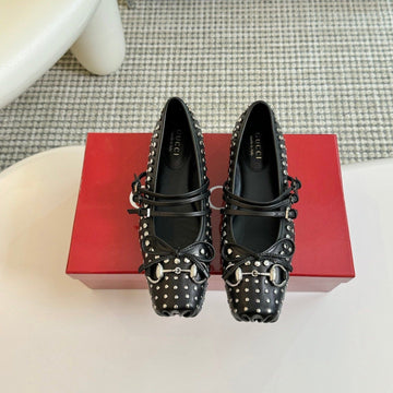 GG Rivets Ballet Flat Black Horizontal Straps Lambskin