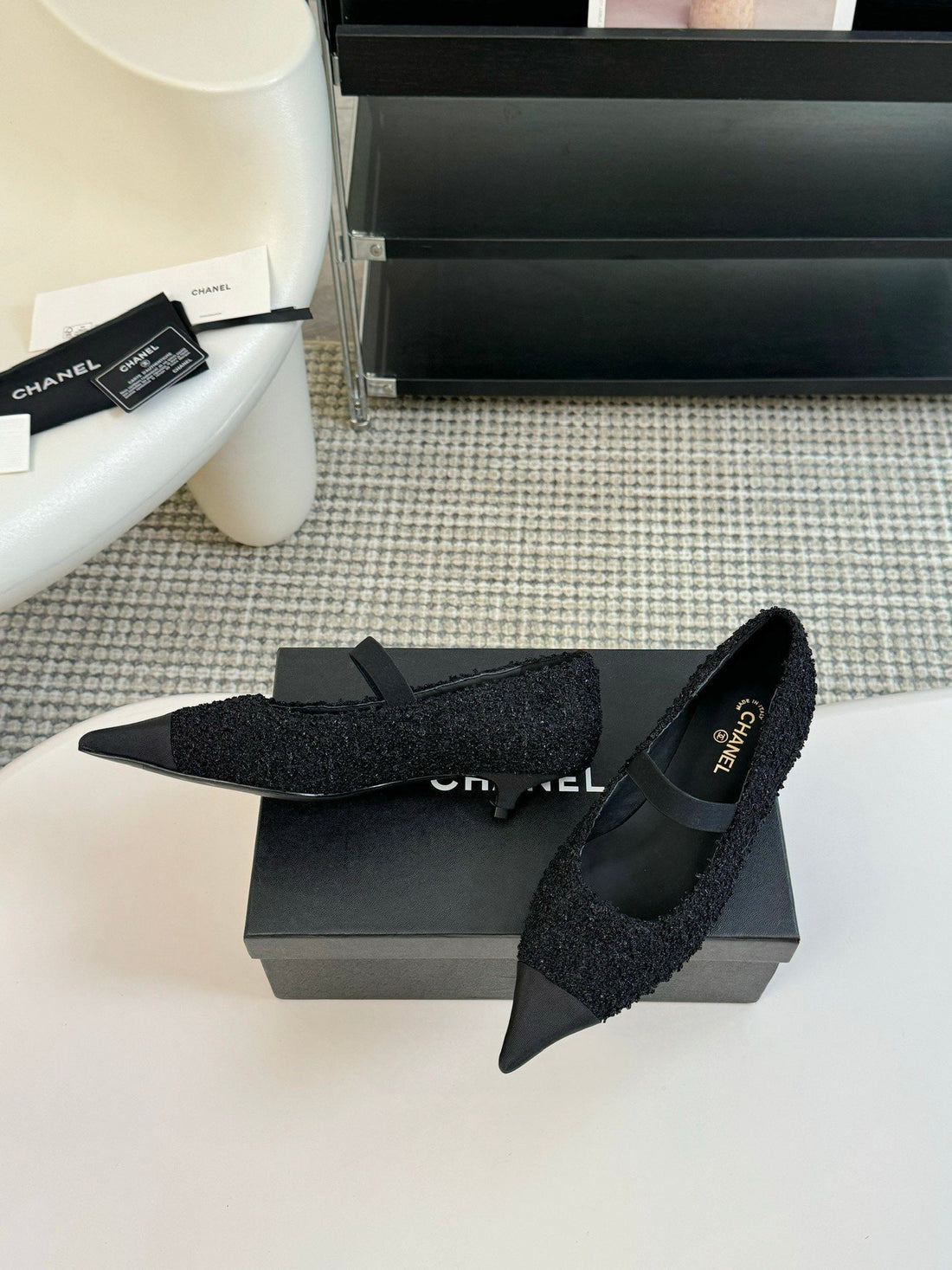 CC Mary Jane In Black Wool Tweed And Satin
