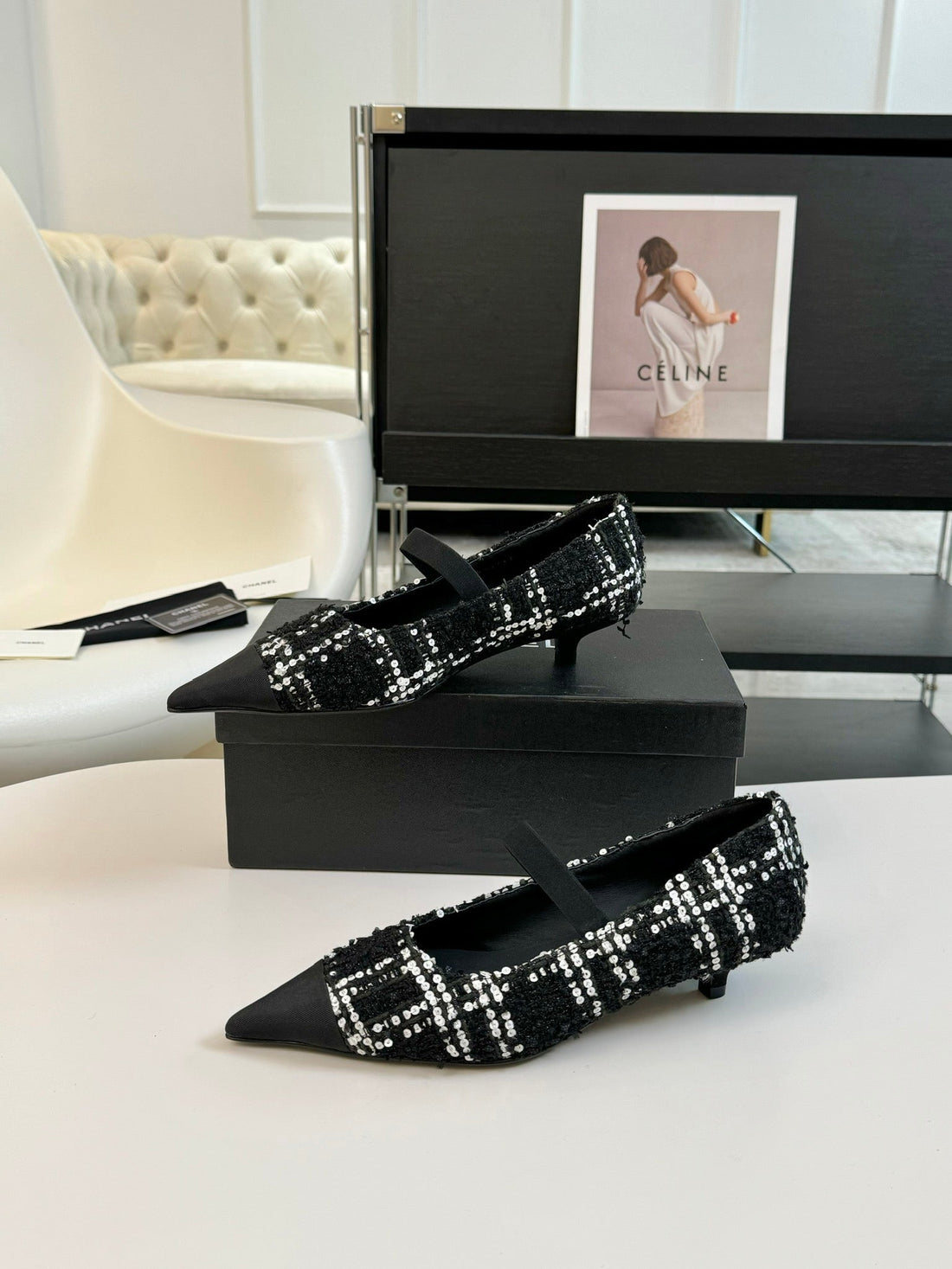 CC Mary Jane In Black Mix White Wool Tweed
