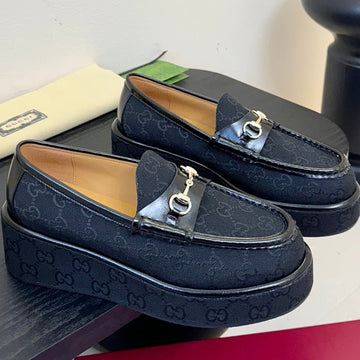 Gc 2025 Horsebit Wedge Loafer Navy Blue Canvas Cowhide 296841