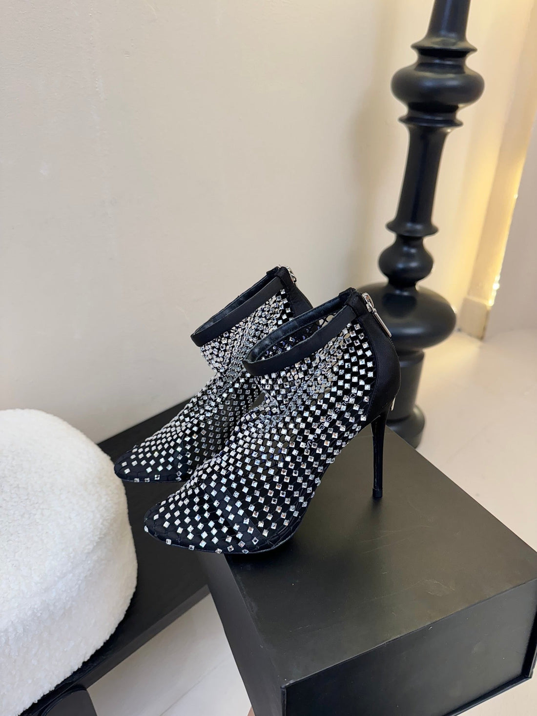 Dc Pumps Black White Rhinestone Mesh & Sheepskin 297011