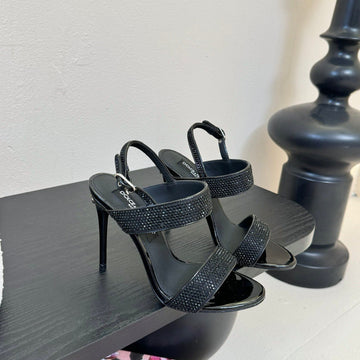 Dc Satin Sandals Black Sheepskin & Fusible Rhinestones 313668