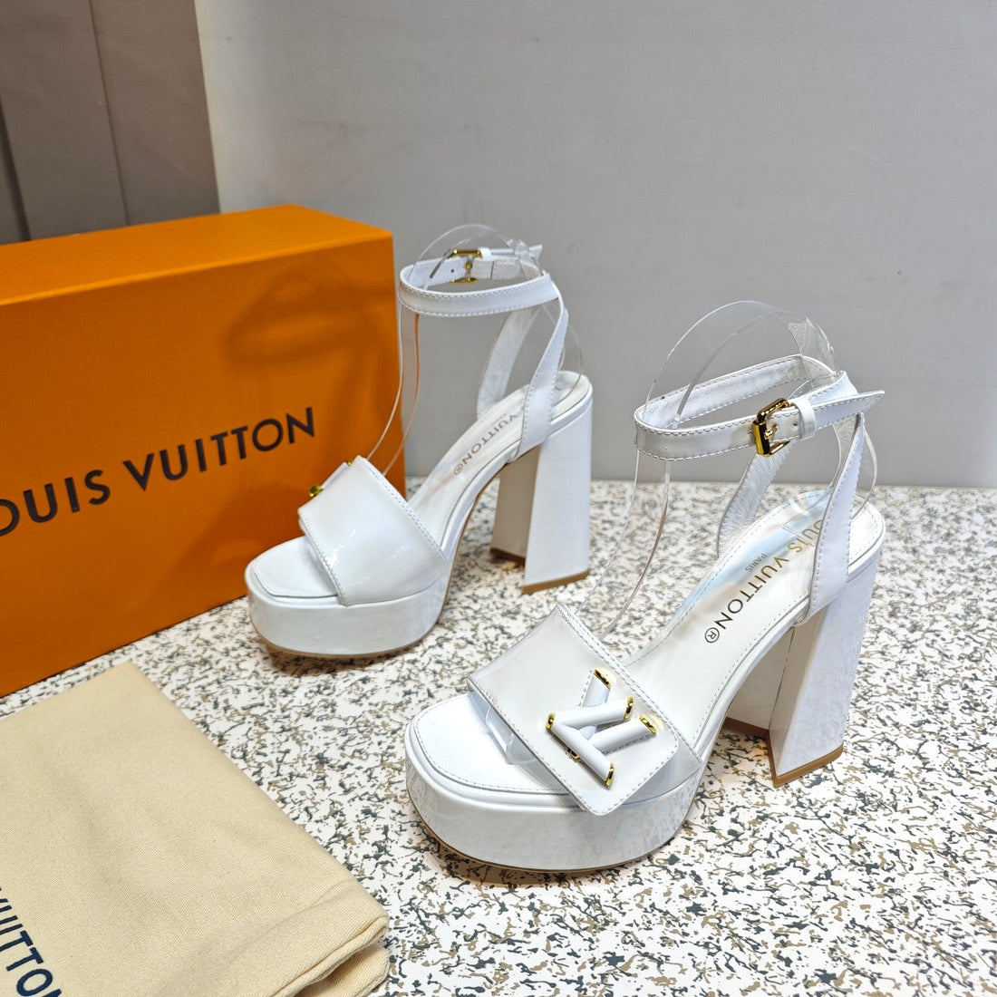 LV Shake Platform Sandal 110MM White Patent Calf Leather 456143