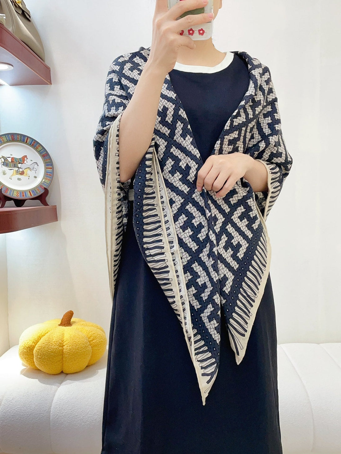 Ff Poncho 140 Cm Scraf In Black Monogram Silk Cashmere