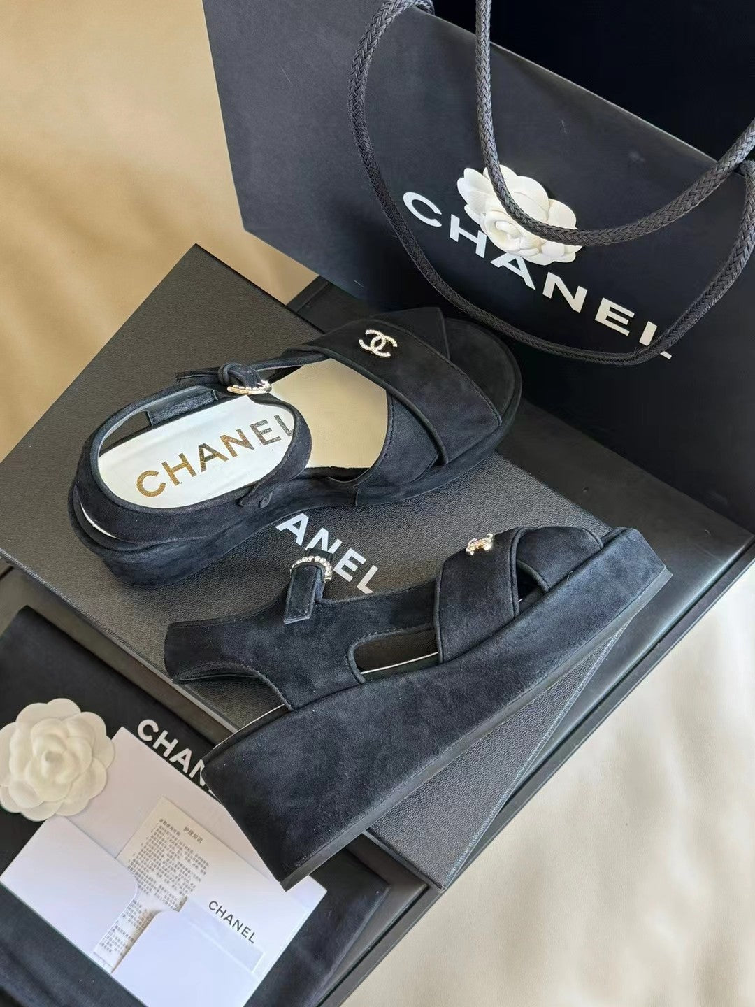 CC Classic Wedge Sandals In Black Lambskin Suede