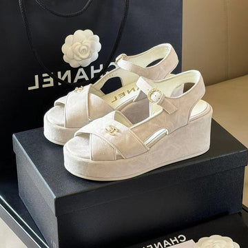 CC Classic Wedge Sandals In White Lambskin Suede