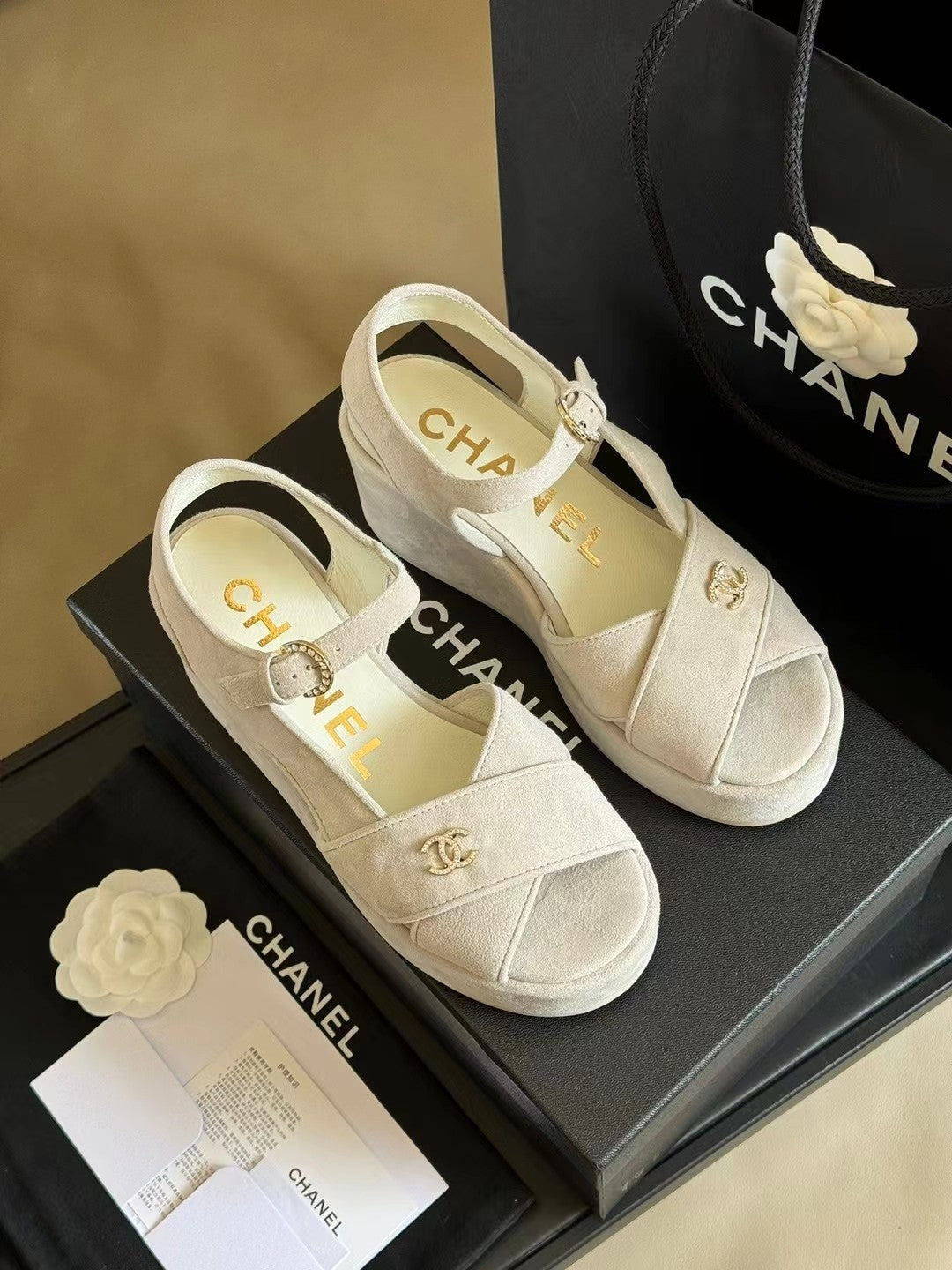 CC Classic Wedge Sandals In White Lambskin Suede