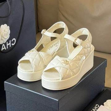 CC Classic Wedge Sandals In White Lambskin