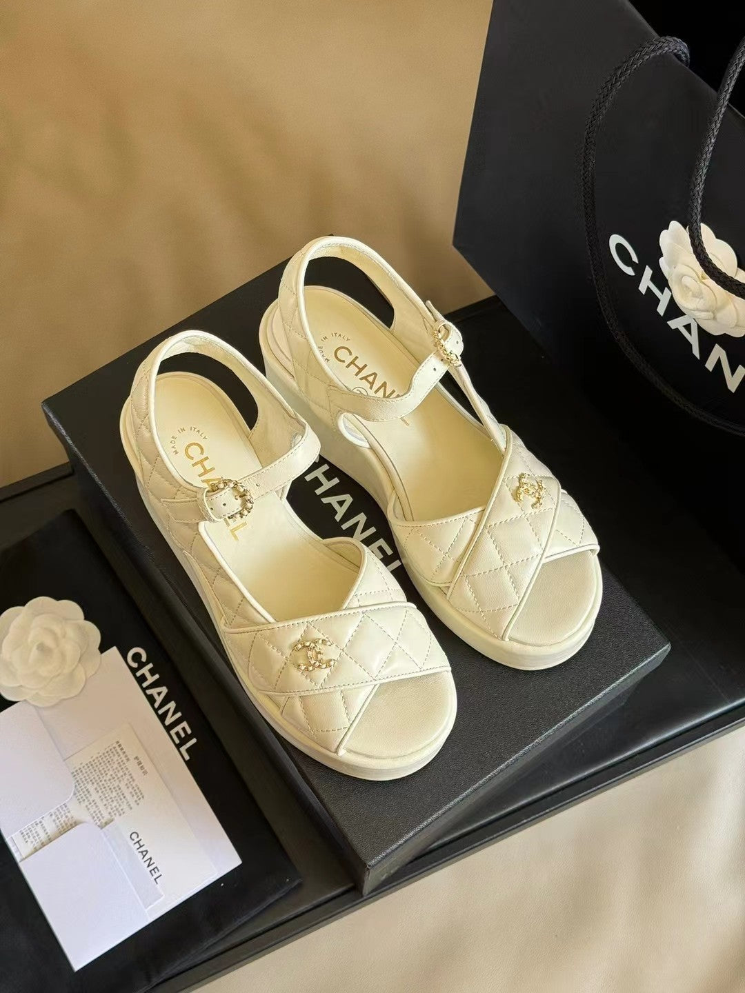 CC Classic Wedge Sandals In White Lambskin
