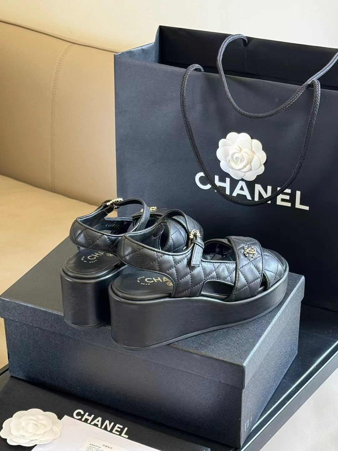 CC Classic Wedge Sandals In Black Lambskin