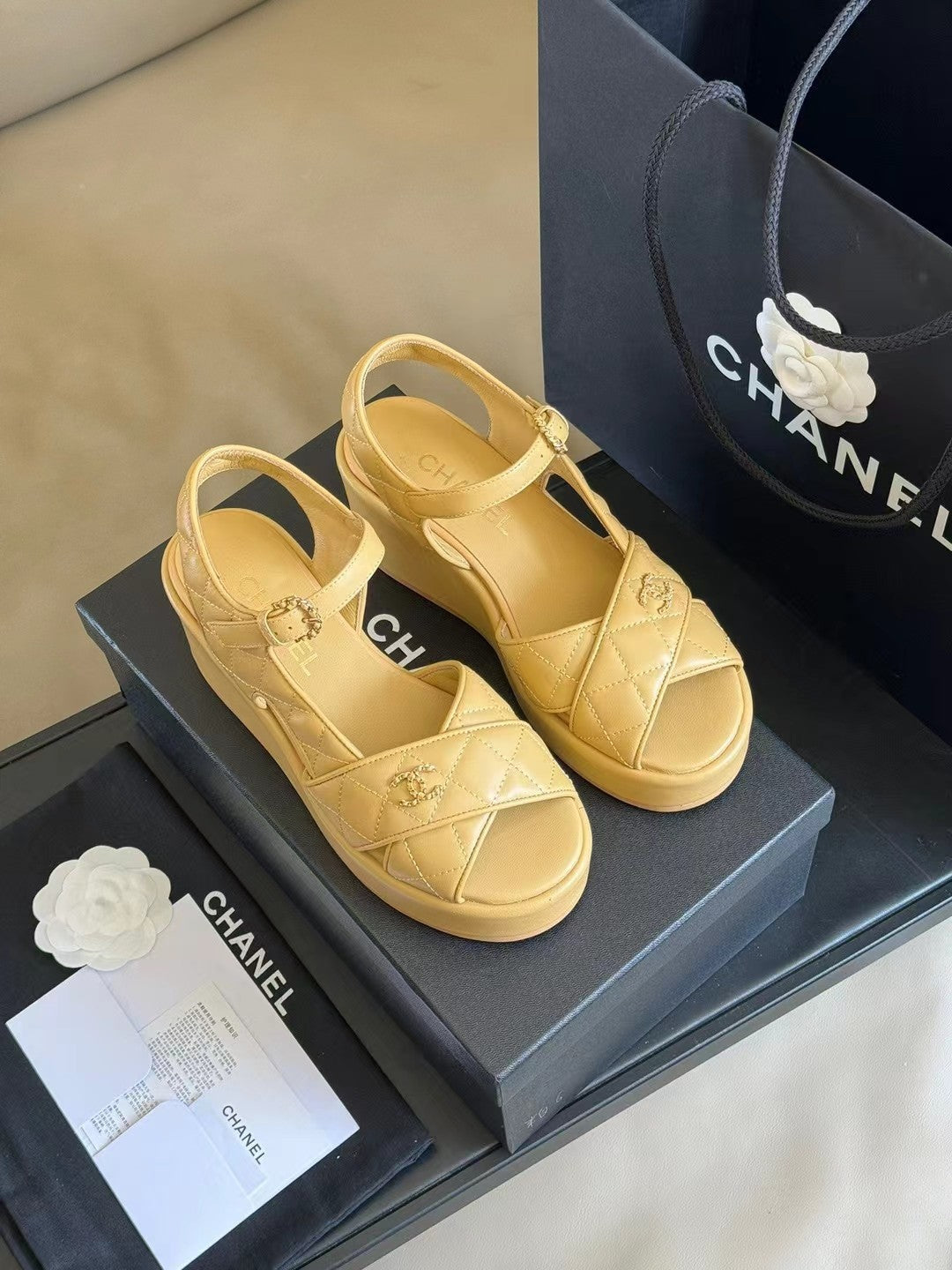 CC Classic Wedge Sandals In Light Yellow Lambskin