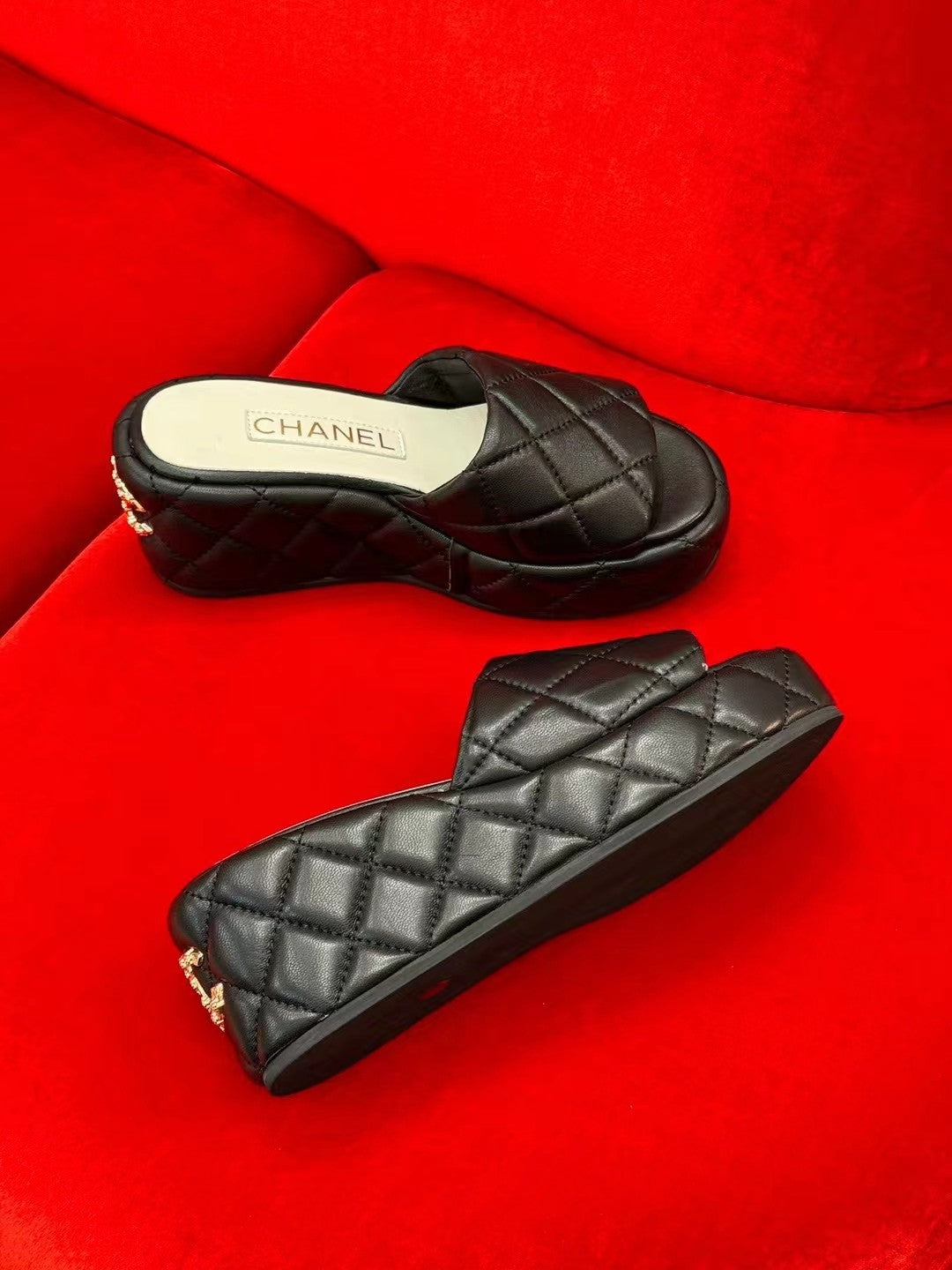 CC Wedge Heels Black Lambskin