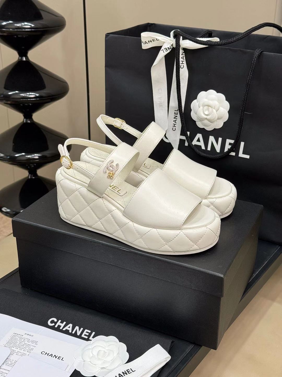 CC High Wedge Sandals In White Lambskin