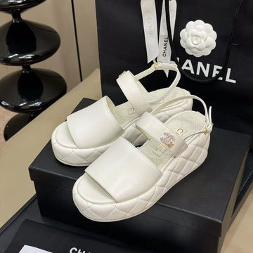 CC High Wedge Sandals In White Lambskin