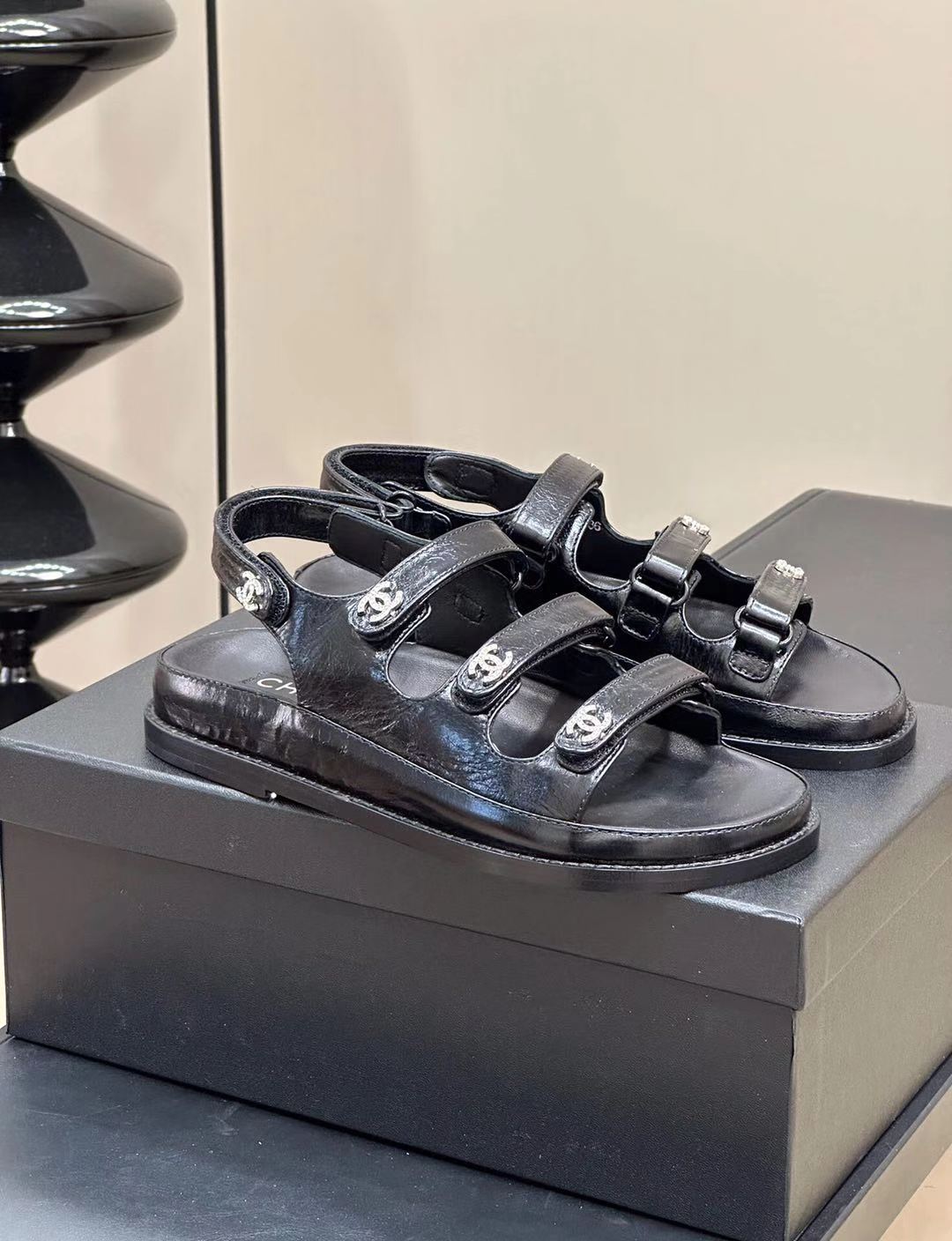 CC Dad Sandals Three Strap Black Lambskin