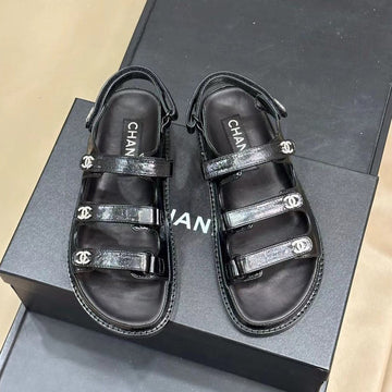 CC Dad Sandals Three Strap Black Lambskin