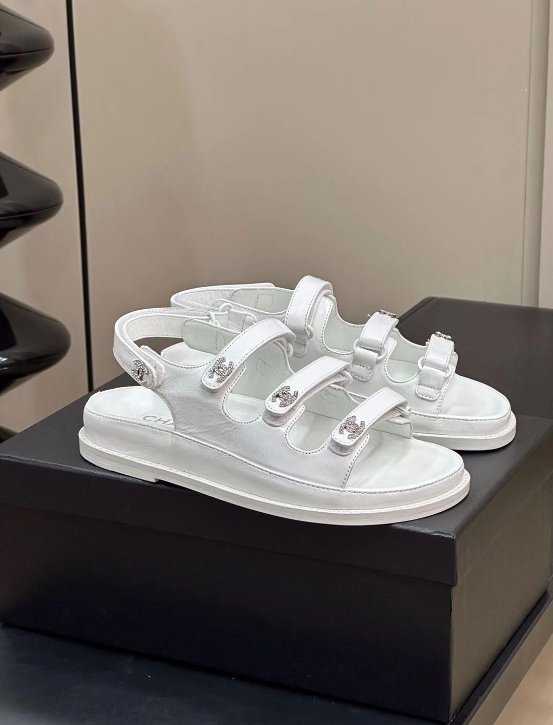 CC Dad Sandals Three Strap White Lambskin
