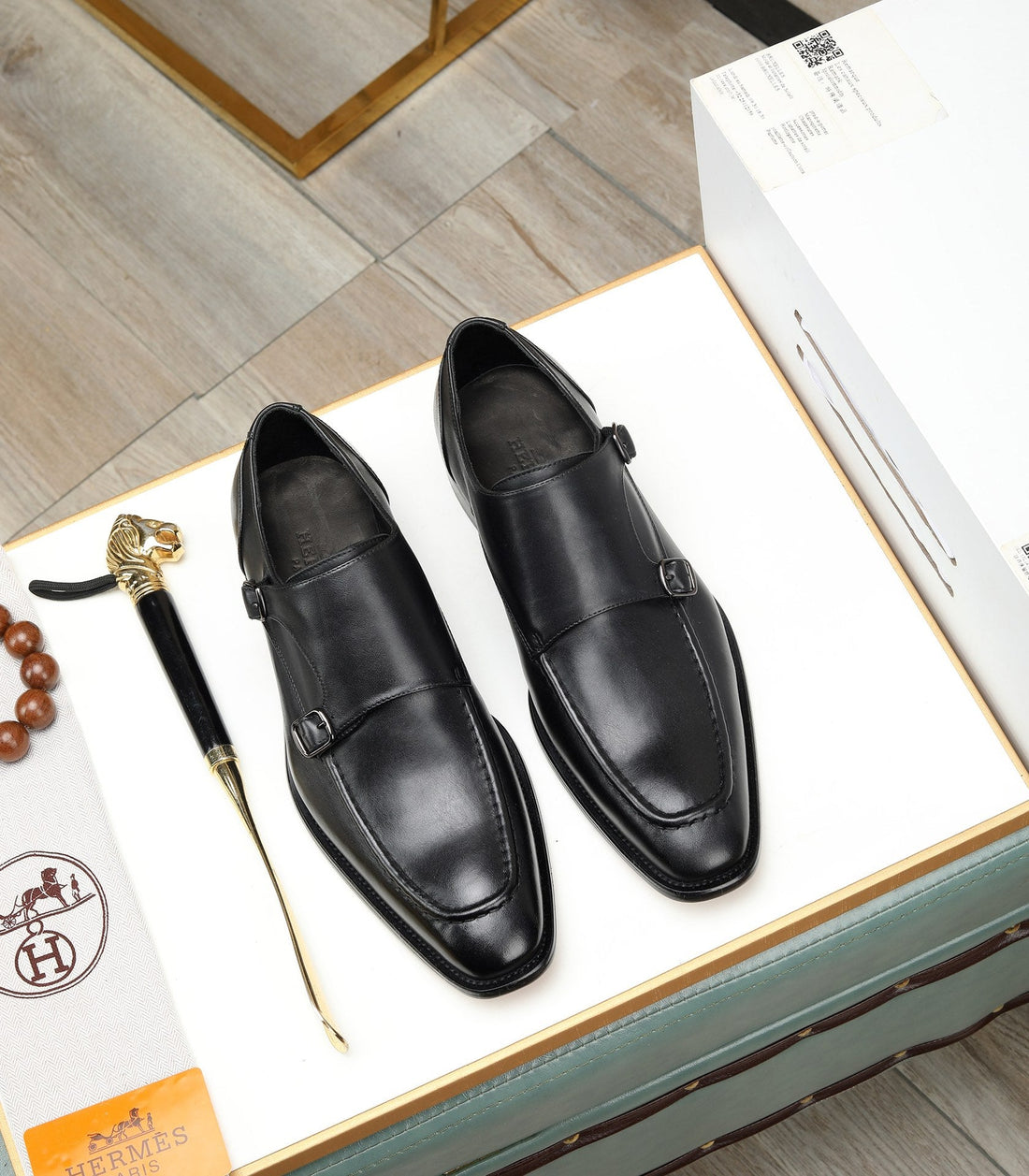 Hm Double Monk Strap Black Calfskin