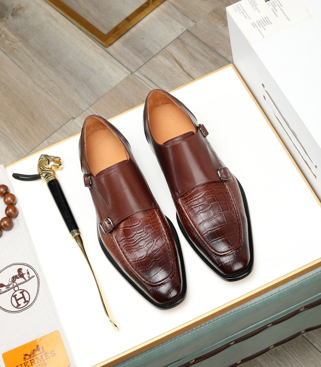 Hm Double Monk Strap Russet With Crocodile Motif Calfskin