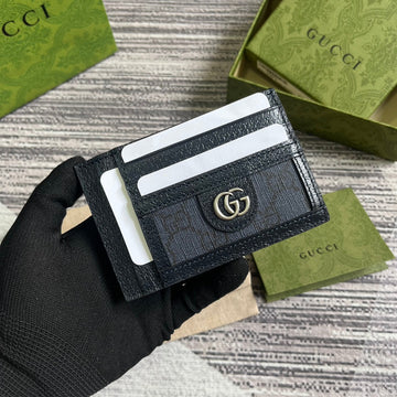 Ophidia GG 11 Card Case Dark Blue Canvas And Black Calfskin
