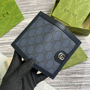 Ophidia GG 12 Card Case Dark Blue Canvas And Black Calfskin