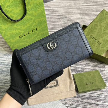 Ophidia GG 19 Zip Around Wallet Dark Blue Canvas And Black Calfskin