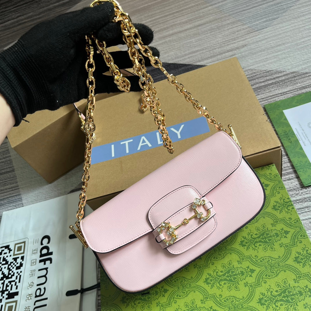 Diamond Horsebit Shoulder Bag 24 In Light Pink Calfskin Gold Hardware