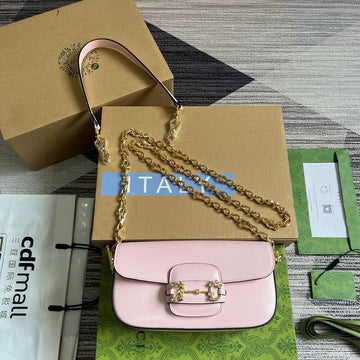 Diamond Horsebit Shoulder Bag 24 In Light Pink Calfskin Gold Hardware