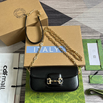 Diamond Horsebit Shoulder Bag 24 In Black Calfskin Gold Hardware