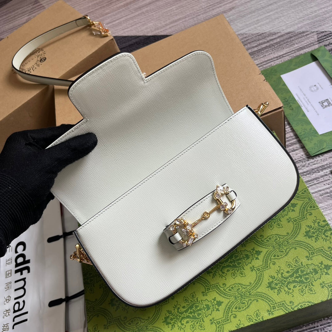 Diamond Horsebit Shoulder Bag 24 In White Calfskin Gold Hardware