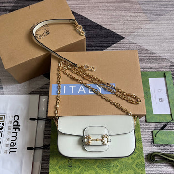 Diamond Horsebit Shoulder Bag 24 In White Calfskin Gold Hardware