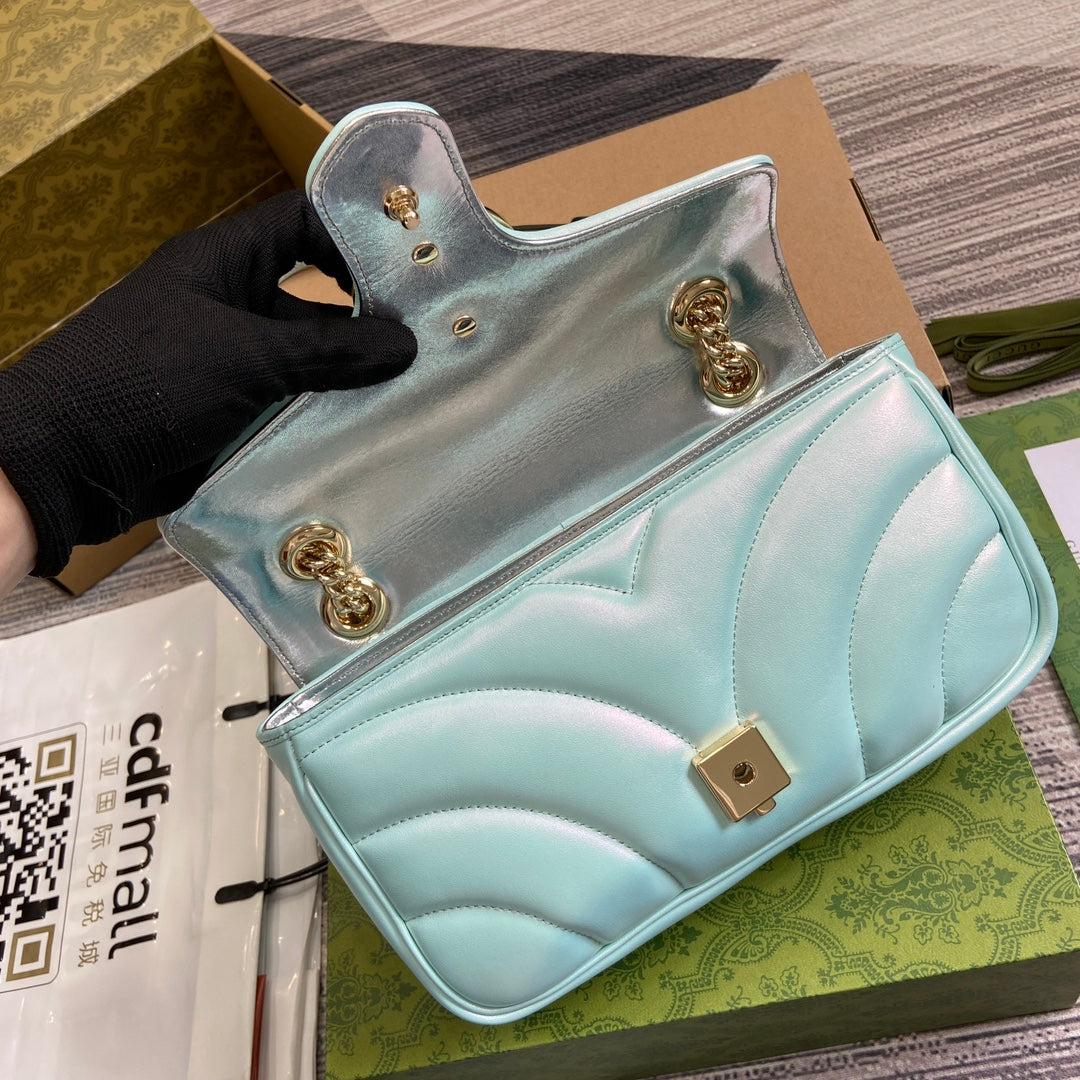 GG Marmont 26 Medium Shoulder Bag Blue Iridescent Calfskin