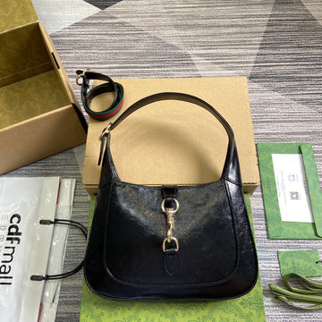Jackie Small Shoulder Bag 27 In Black Cracked Lacquer Calfskin Gold Hardware
