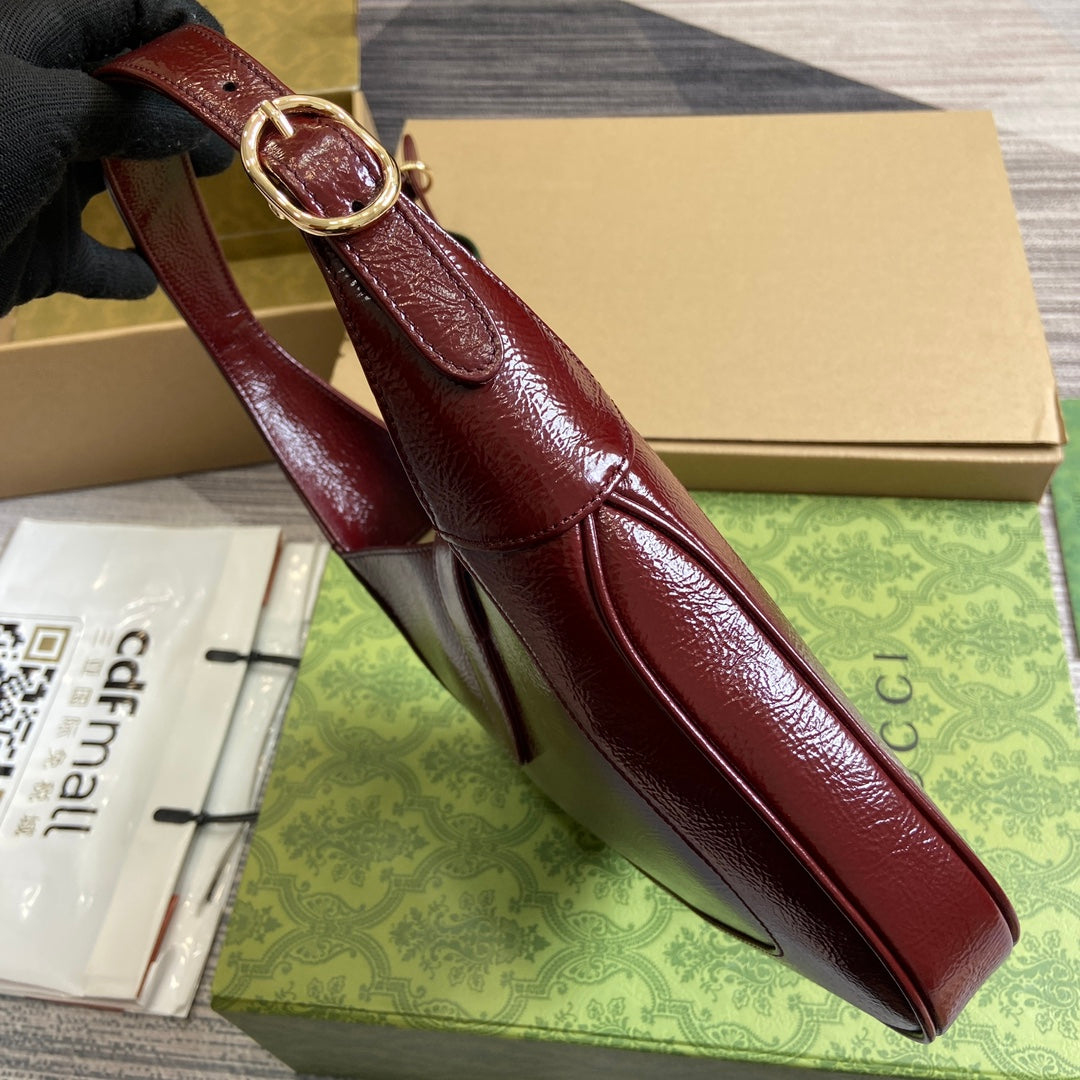 Jackie Small Shoulder Bag 27 In Wine Red Cracked Lacquer Calfskin Gold Hardware